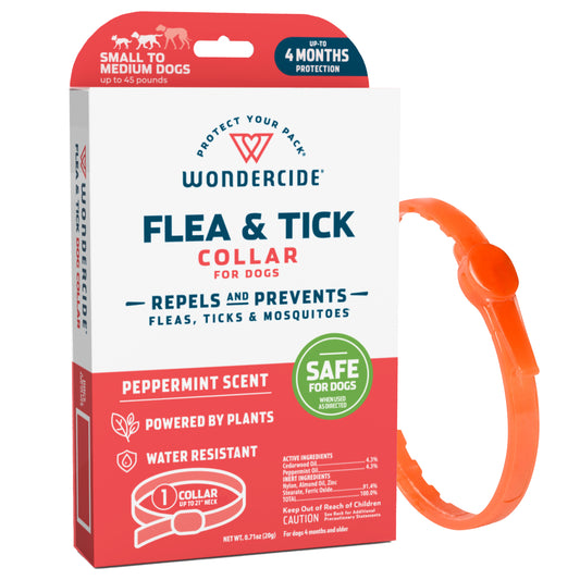 Image of Wondercides Flea & Tick Collar for Dogs with Natural Essential Oils. The packaging highlights a peppermint scent, plant-based ingredients, water resistance, and is suitable for small to medium dogs. It offers up to four months of flea, tick protection with added mosquito repellent and features an orange collar.