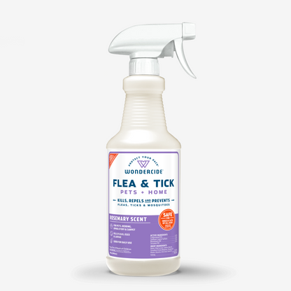 Wondercides Rosemary Flea & Tick Spray for Pets + Home, highlighted by its purple label, uses natural essential oils to kill, repel, and prevent fleas, ticks, and mosquitoes effectively.