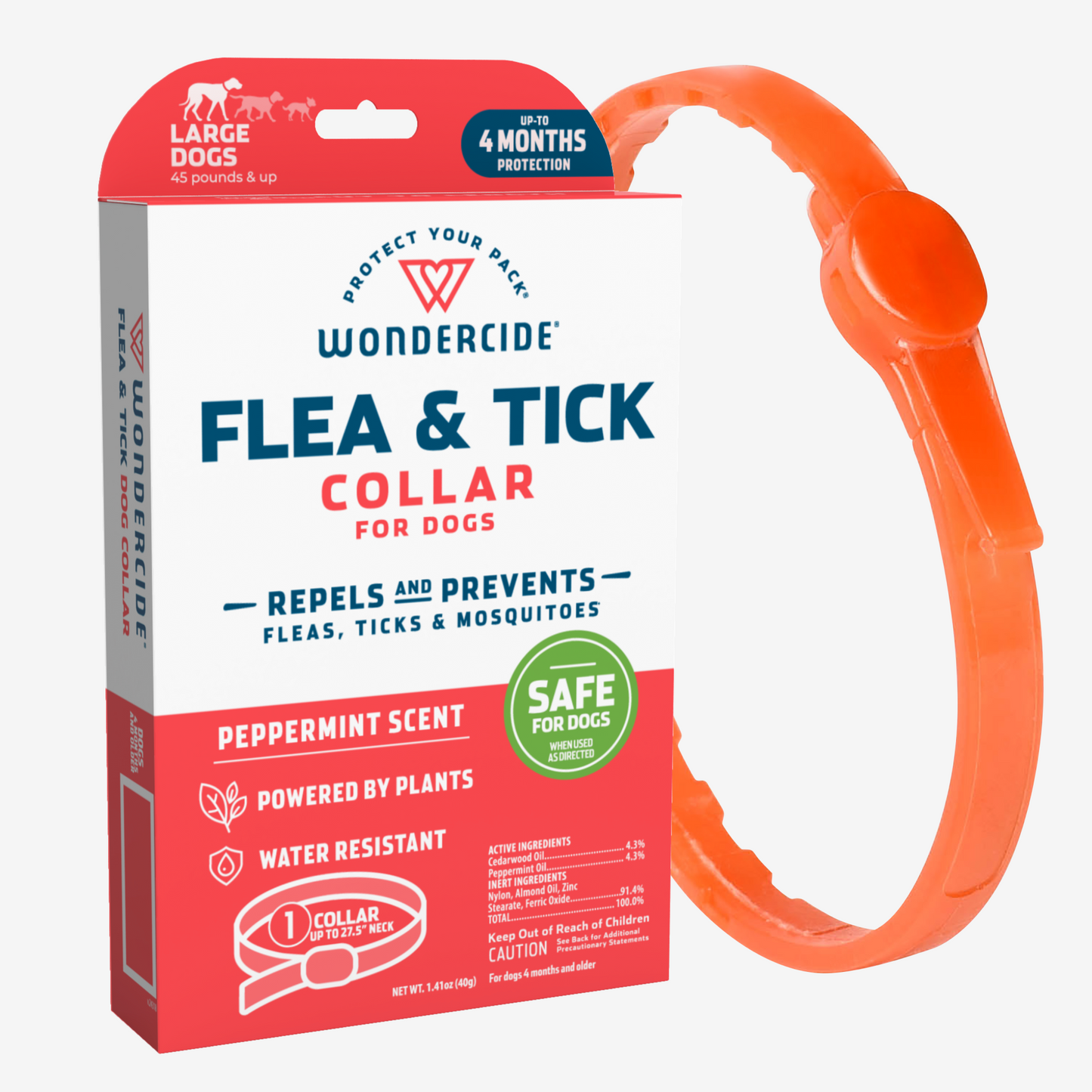 Discover the Wondercide Flea & Tick Collar for Dogs and Cats, featuring natural essential oils and mosquito repellent properties. Highlighted for its plant-powered ingredients, water resistance, and four-month protection, the vibrant orange collar is showcased beside its box.