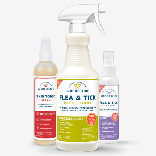 Featured products include Wondercides Pet Parent Pack from Shark Tank, which contains a red Skin Tonic Spray for dogs and cats, a large white lemongrass-scented Wondercide Flea & Tick spray, and a purple Flea & Tick Pets spray for home use.