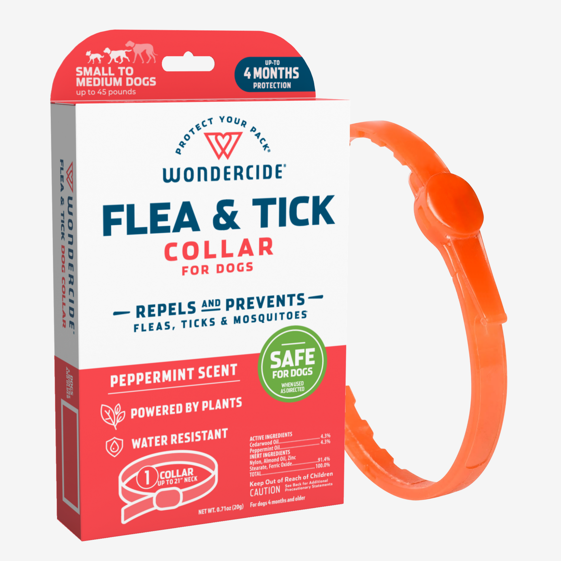 The Wondercide Flea & Tick Collar for Dogs + Cats provides natural essential oil protection for small to medium dogs up to 45 pounds. Water-resistant and plant-powered, this orange collar offers a peppermint scent and four months of defense against fleas, ticks, and mosquitoes.