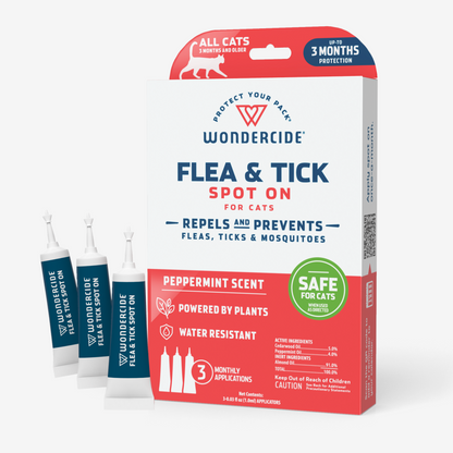 Wondercide Flea & Tick Spot On for Dogs + Cats with Natural Essential Oils offers a refreshing peppermint scent, natural ingredients, water resistance, and 3-month protection. The package includes three small application tubes.