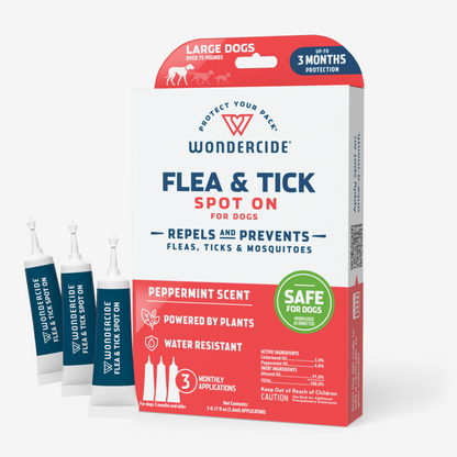 Wondercides Flea & Tick Spot On for Dogs + Cats uses natural essential oils, offering over three months of flea, tick, and mosquito protection. Safe and water-resistant with a refreshing peppermint scent, it comes in a box with three tubes suitable for large dogs.